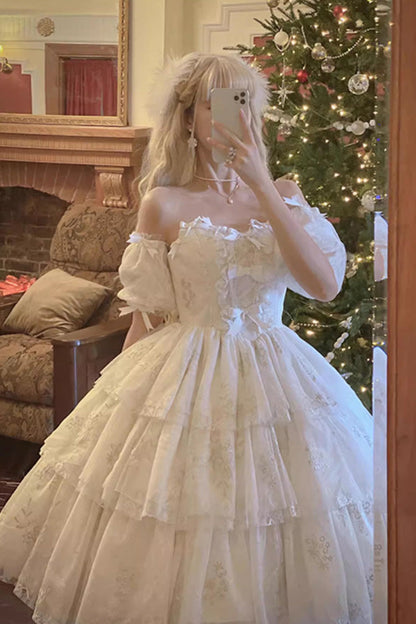 Gothic Lolita Dress - Multi-layer Print Hanayome, White, Sweet Style, Bow Detail, Printed - additional product view 6
