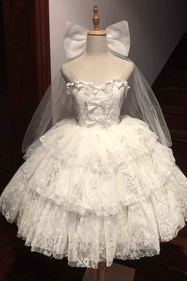 Gothic Lolita Dress - Multi-layer Print Hanayome, White, Sweet Style, Bow Detail, Printed - main product image