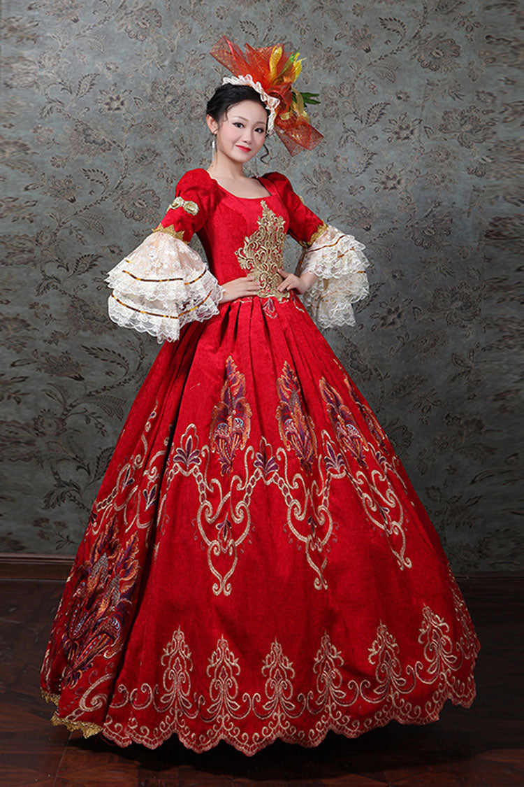 Gothic Lolita Dress - Multi-layer Trumpet Sleeves Half, Red, High Waist, Embroidered - additional product view 2