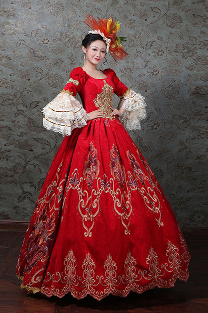 Gothic Lolita Dress - Multi-layer Trumpet Sleeves Half, Red, High Waist, Embroidered - additional product view 2
