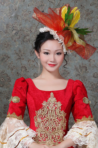 Gothic Lolita Dress - Multi-layer Trumpet Sleeves Half, Red, High Waist, Embroidered - additional product view 4