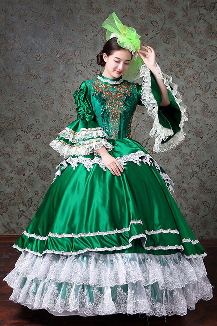 Gothic Lolita Dress - Multi-layer Trumpet Sleeves High, 2 Colors, High Waist, Lace Trim - S Green / M Green / L Green option
