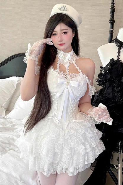 Gothic Lolita Dress - Multi-layer, White, Sweet Style, Bow Detail, Lace Trim - main product image