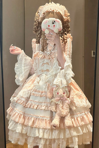 Gothic Lolita Dress - Multi-layered Ruffle Bowknot, Pink, Long Sleeves, Sweet Style - additional product view 3