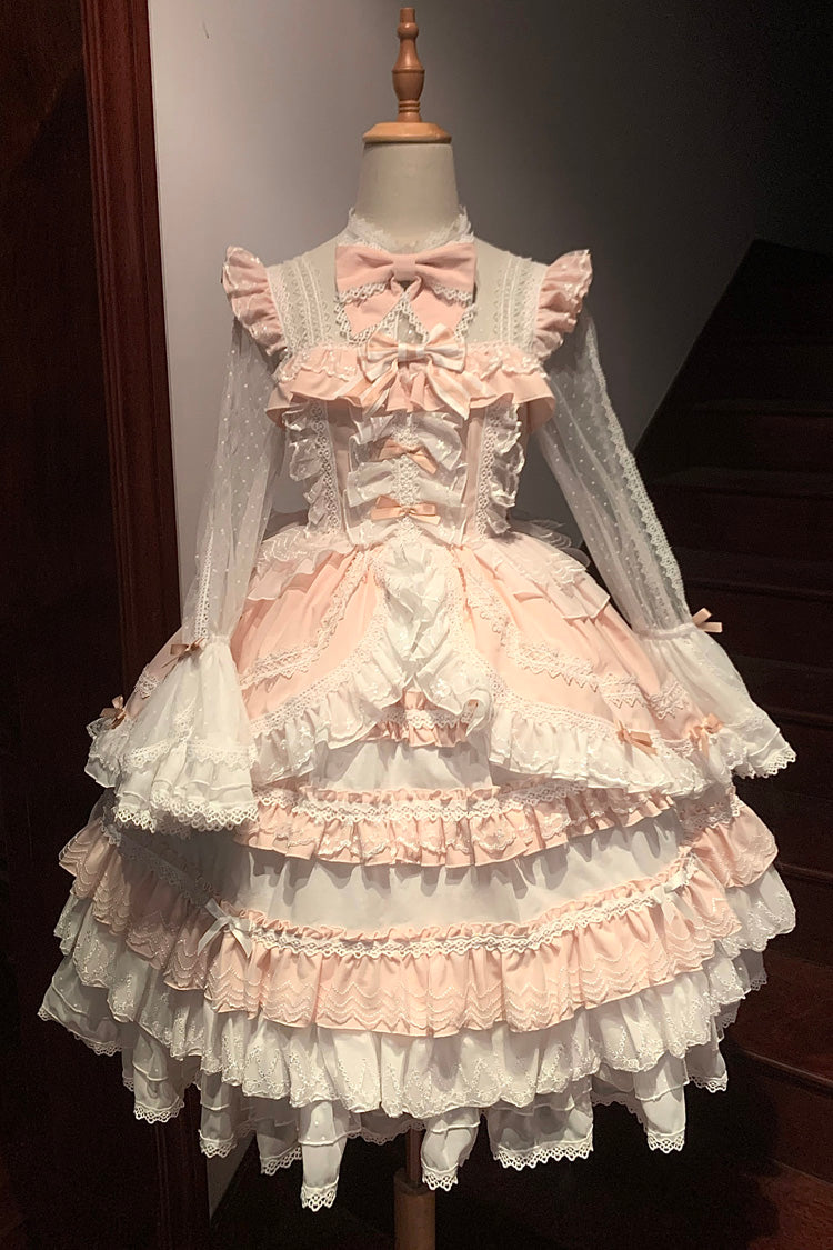 Gothic Lolita Dress - Multi-layered Ruffle Bowknot, Pink, Long Sleeves, Sweet Style - main product image