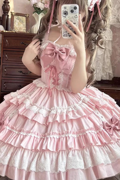 Gothic Lolita Dress - Multi-layered Ruffle Bowknot, Pink, Ruffled, Lace-Up, Sweet Style - additional product view 2