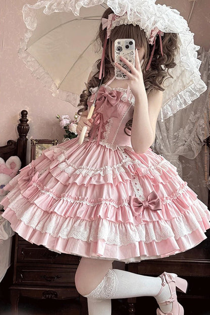 Gothic Lolita Dress - Multi-layered Ruffle Bowknot, Pink, Ruffled, Lace-Up, Sweet Style - additional product view 3