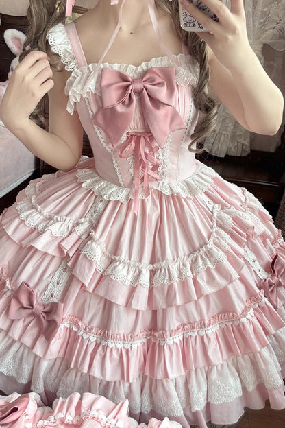 Gothic Lolita Dress - Multi-layered Ruffle Bowknot, Pink, Ruffled, Lace-Up, Sweet Style - additional product view 4