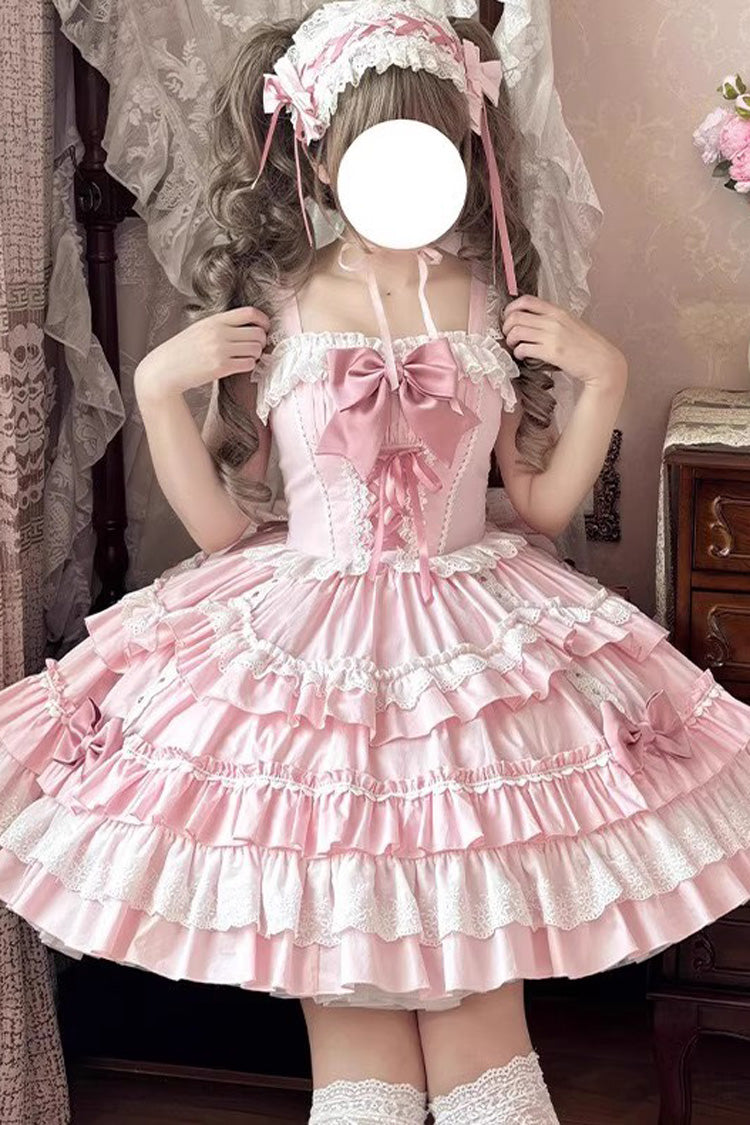 Gothic Lolita Dress - Multi-layered Ruffle Bowknot, Pink, Ruffled, Lace-Up, Sweet Style - main product image