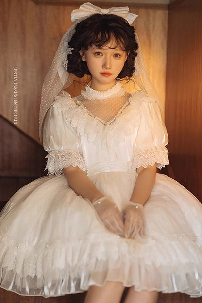 Gothic Lolita Dress - Multi-layered, White, Bow Detail, Lace Trim, Ruffled - additional product view 2