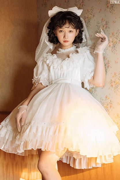 Gothic Lolita Dress - Multi-layered, White, Bow Detail, Lace Trim, Ruffled - additional product view 3