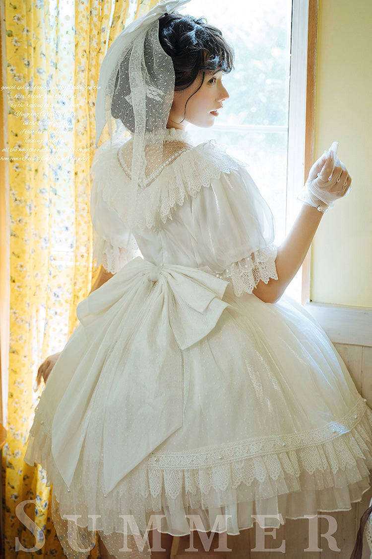 Gothic Lolita Dress - Multi-layered, White, Bow Detail, Lace Trim, Ruffled - additional product view 4