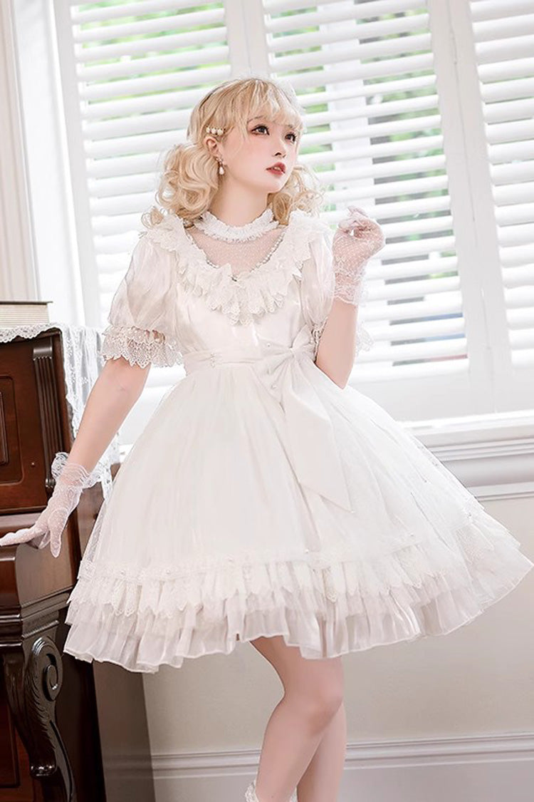Gothic Lolita Dress - Multi-layered, White, Bow Detail, Lace Trim, Ruffled - additional product view 5