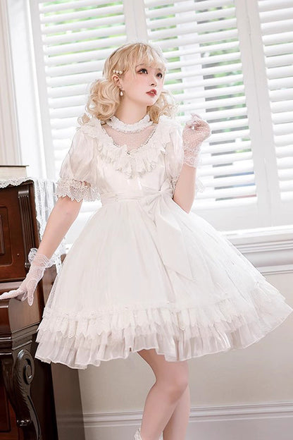 Gothic Lolita Dress - Multi-layered, White, Bow Detail, Lace Trim, Ruffled - additional product view 5