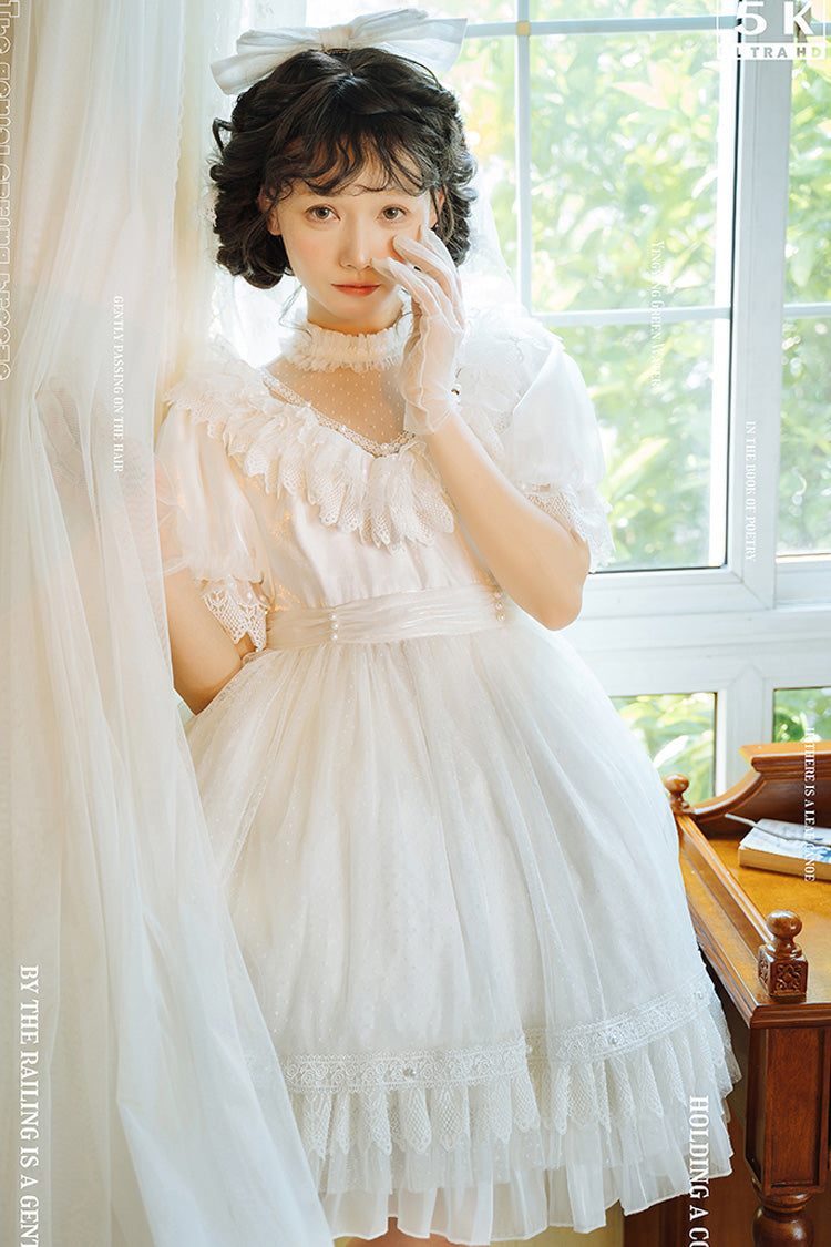 Gothic Lolita Dress - Multi-layered, White, Bow Detail, Lace Trim, Ruffled - additional product view 6