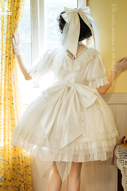 Gothic Lolita Dress - Multi-layered, White, Bow Detail, Lace Trim, Ruffled - additional product view 7