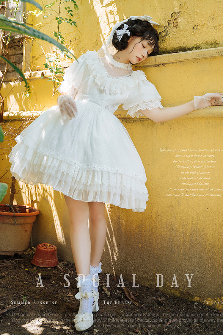 Gothic Lolita Dress - Multi-layered, White, Bow Detail, Lace Trim, Ruffled - additional product view 8