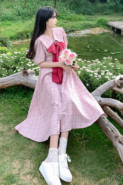 Gothic Lolita Dress - Navy Lapel Collar Check, Pink, Plus Size, High Waist, Sweet Style - additional product view 2