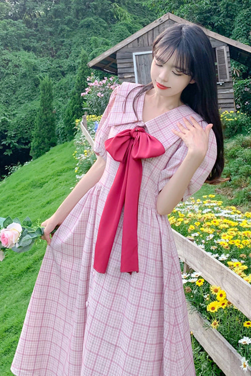 Gothic Lolita Dress - Navy Lapel Collar Check, Pink, Plus Size, High Waist, Sweet Style - additional product view 3