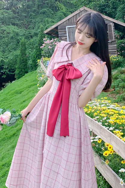 Gothic Lolita Dress - Navy Lapel Collar Check, Pink, Plus Size, High Waist, Sweet Style - additional product view 3