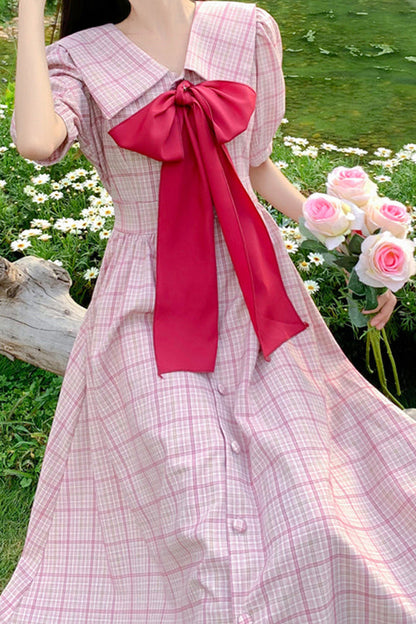 Gothic Lolita Dress - Navy Lapel Collar Check, Pink, Plus Size, High Waist, Sweet Style - additional product view 4