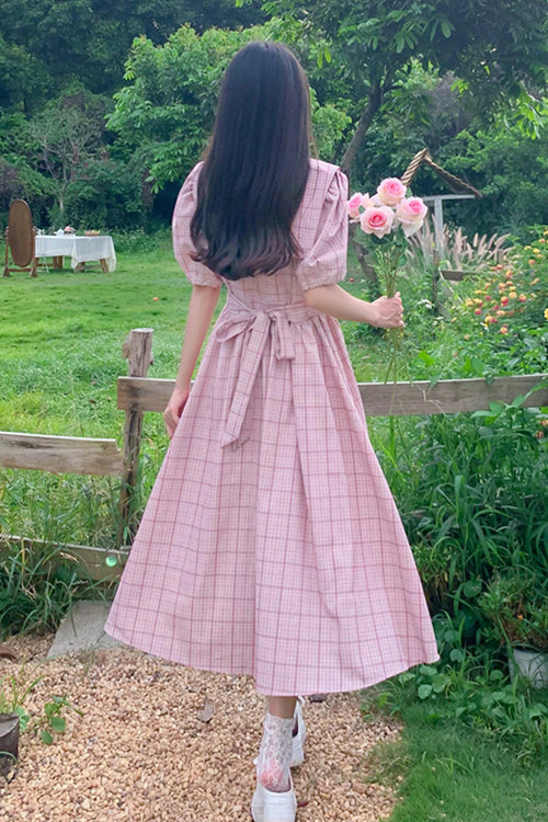 Gothic Lolita Dress - Navy Lapel Collar Check, Pink, Plus Size, High Waist, Sweet Style - additional product view 5