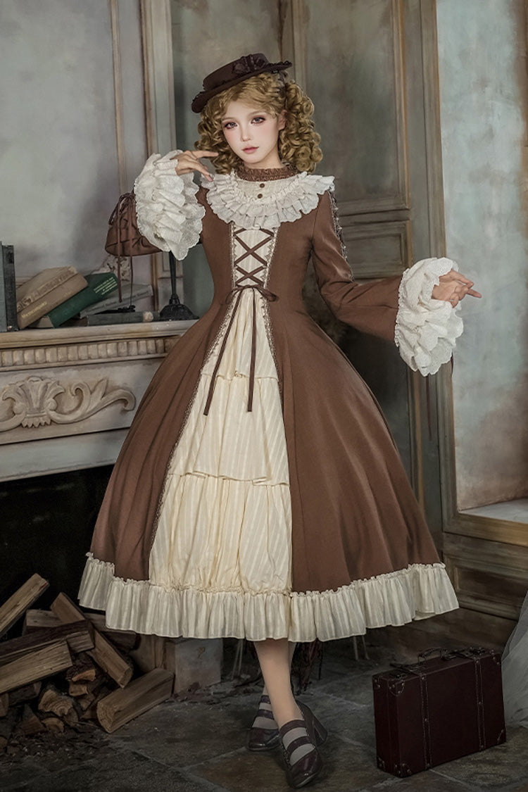 Gothic Lolita Dress - Nutcracker, 2 Colors, Stand Collar, Ruffled, Lace-Up - S Brown/Beige Long / M Brown/Beige Long / L Brown/Beige Long option
