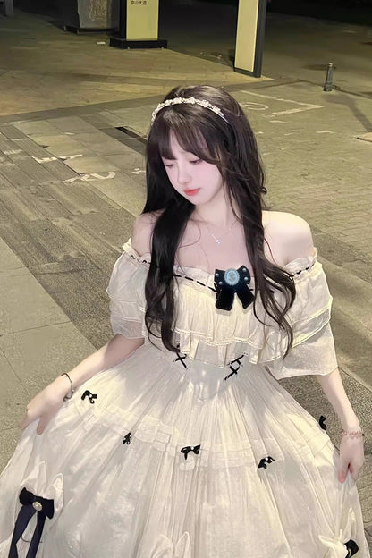 Gothic Lolita Dress - Off Shoulder, Ivory, Sweet Style, Bow Detail - additional product view 5