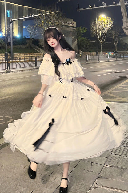 Gothic Lolita Dress - Off Shoulder, Ivory, Sweet Style, Bow Detail - main product image