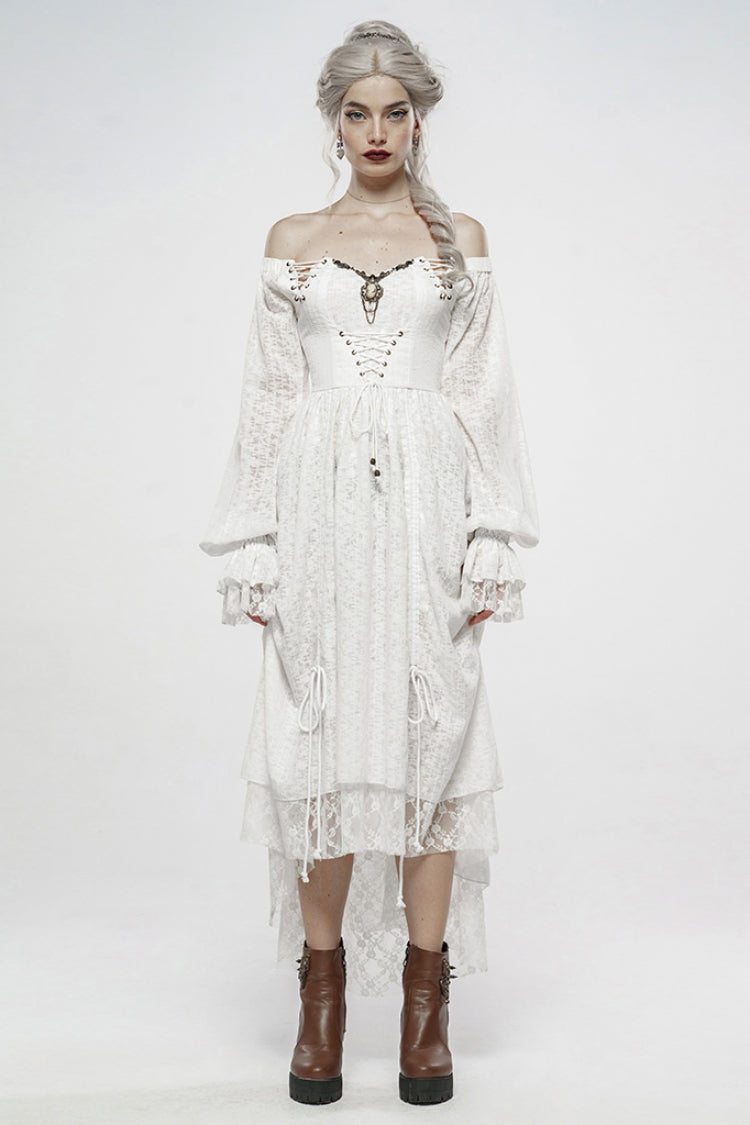 Gothic Lolita Dress - Off Shoulder, White, Puff Sleeves, Women's Style, Ruffled - main product image