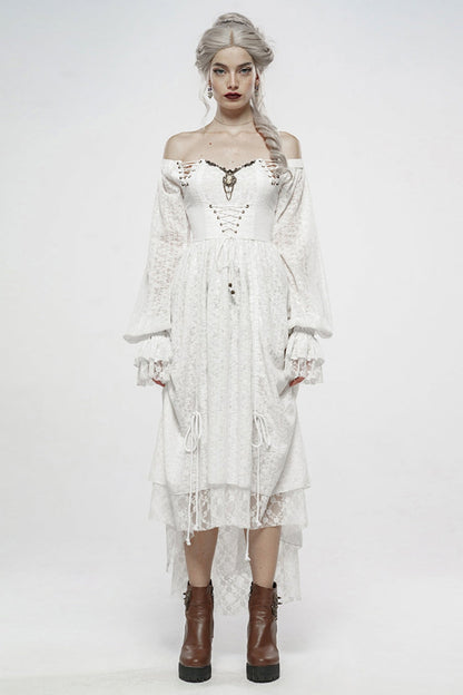 Gothic Lolita Dress - Off Shoulder, White, Puff Sleeves, Women's Style, Ruffled - main product image