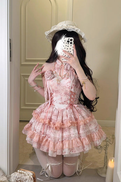 Gothic Lolita Dress - Peach Moon Bamboo Halterneck, 2 Colors, Chinese-Inspired Style - S Pink / M Pink / L Pink option