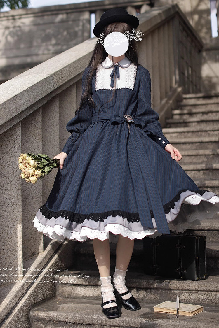 Gothic Lolita Dress - Phyllis, Blue, Plaid, Bow Detail, Lace Trim - additional product view 4