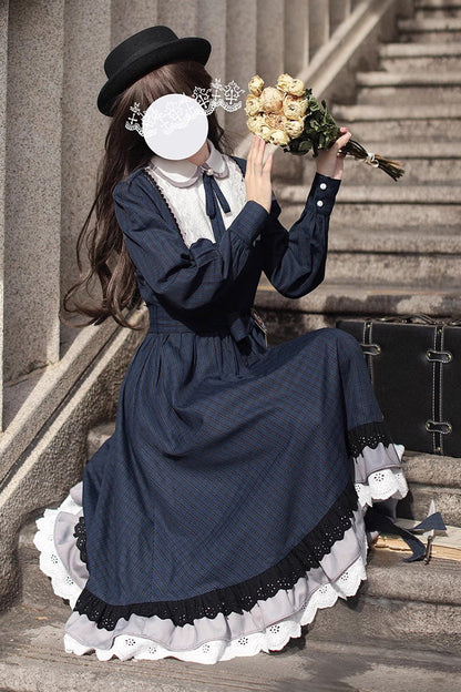 Gothic Lolita Dress - Phyllis, Blue, Plaid, Bow Detail, Lace Trim - additional product view 7
