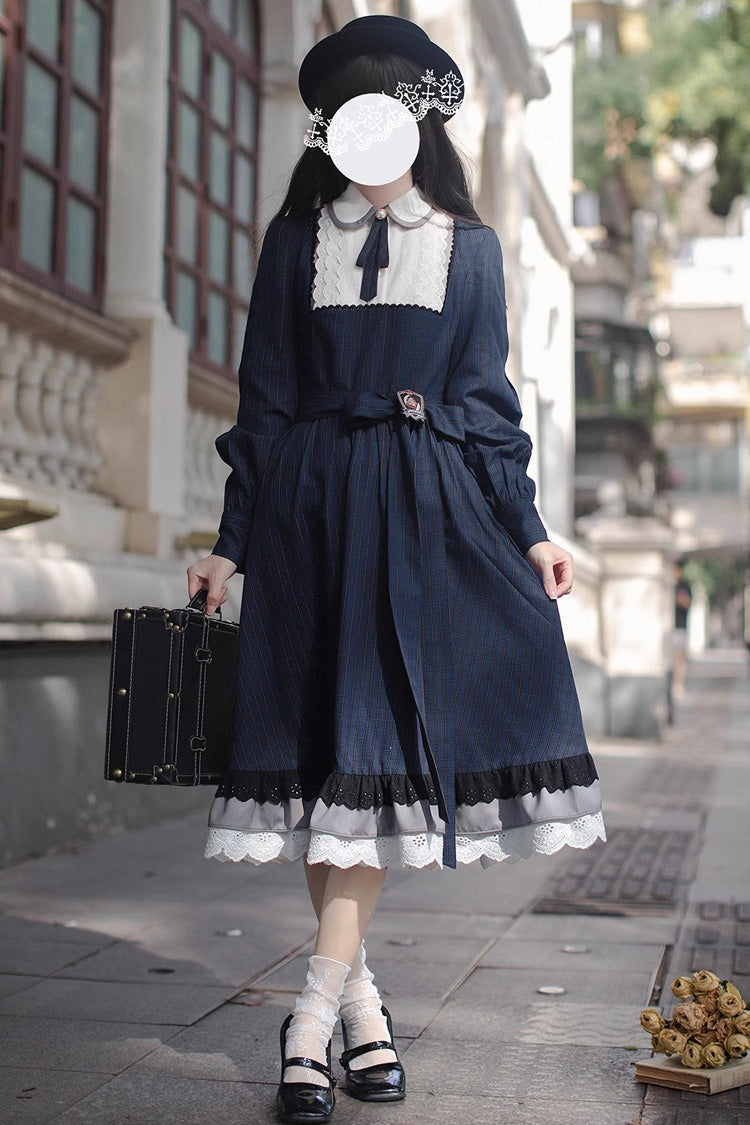 Gothic Lolita Dress - Phyllis, Blue, Plaid, Bow Detail, Lace Trim - main product image