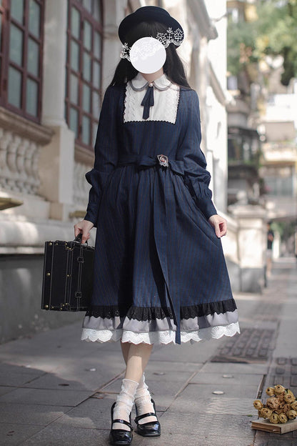 Gothic Lolita Dress - Phyllis, Blue, Plaid, Bow Detail, Lace Trim - main product image