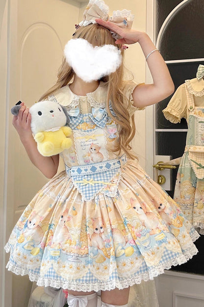 Gothic Lolita Dress - Pineapple Cat, Yellow, Lace Trim, Printed, Sweet Style - main product image