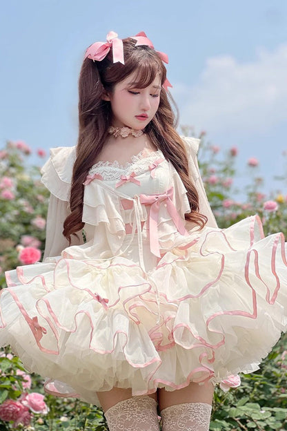 Gothic Lolita Dress - Pink/beige Ballerina Style, 2 Colors, Sweet Style, Bow Detail - additional product view 4