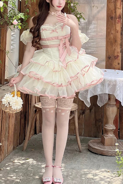 Gothic Lolita Dress - Pink/beige Ballerina Style, 2 Colors, Sweet Style, Bow Detail - main product image