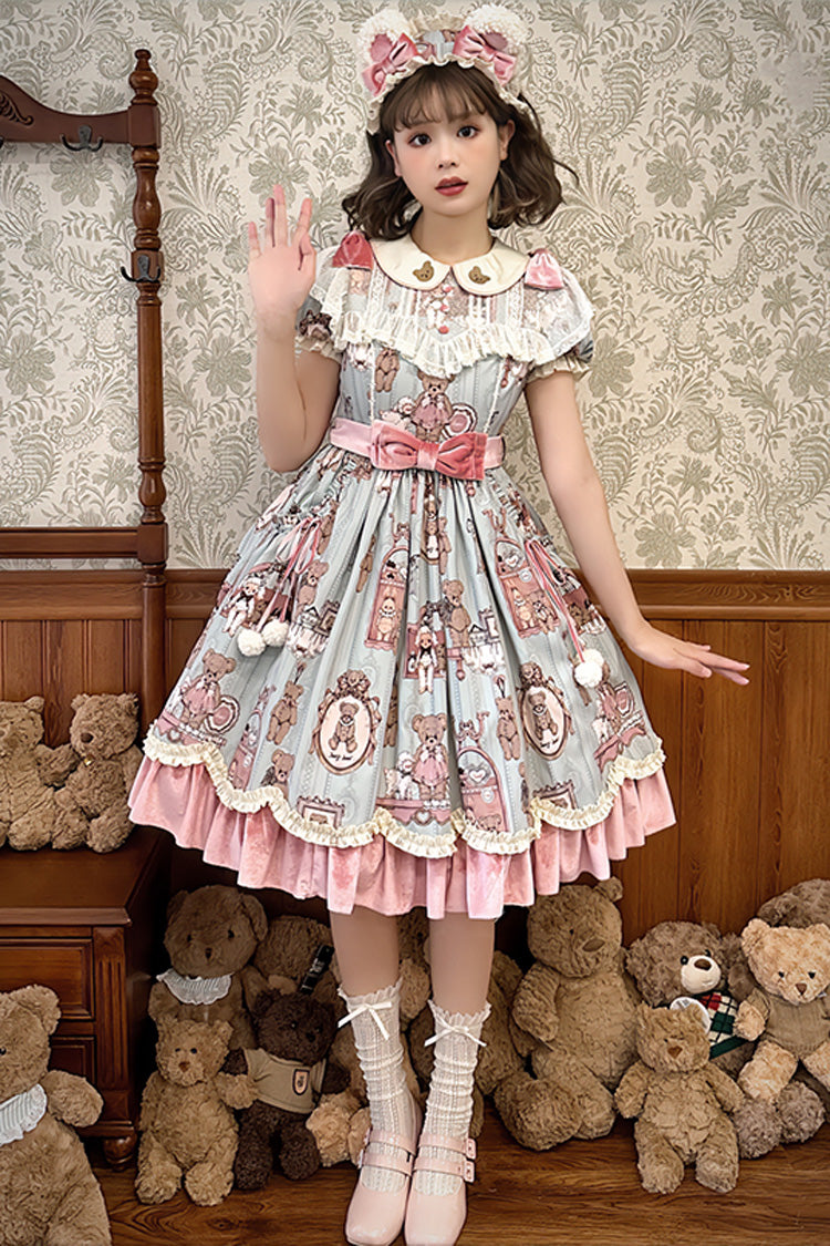 Gothic Lolita Dress - Pink/green Bear Doll Wall Print, 2 Colors, Printed, Embroidered - additional product view 2