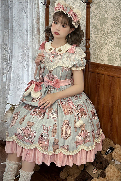 Gothic Lolita Dress - Pink/green Bear Doll Wall Print, 2 Colors, Printed, Embroidered - additional product view 3