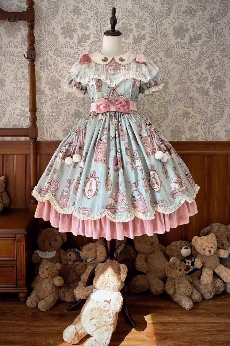 Gothic Lolita Dress - Pink/green Bear Doll Wall Print, 2 Colors, Printed, Embroidered - main product image