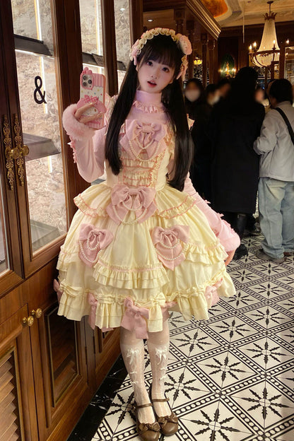 Gothic Lolita Dress - Pink/yellow Doll Multi-layered, 2 Colors, Sweet Style, Bow Detail - additional product view 4