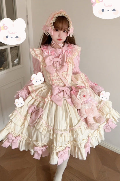 Gothic Lolita Dress - Pink/yellow Doll Multi-layered, 2 Colors, Sweet Style, Bow Detail - main product image
