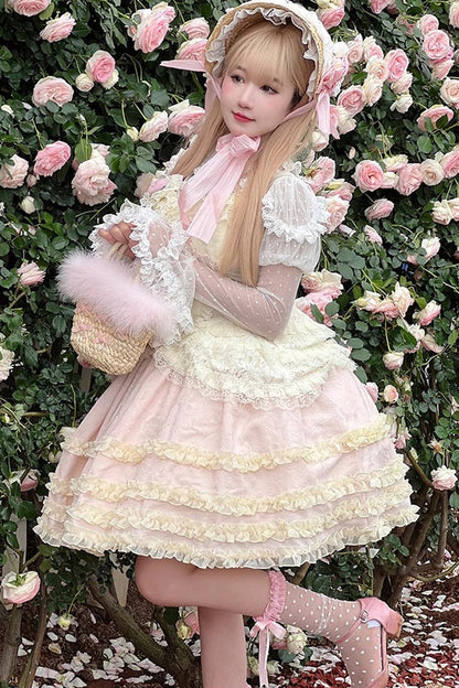 Gothic Lolita Dress - Pink/yellow Dream, 2 Colors, Bow Detail, Lace Trim, Sweet Style - additional product view 2