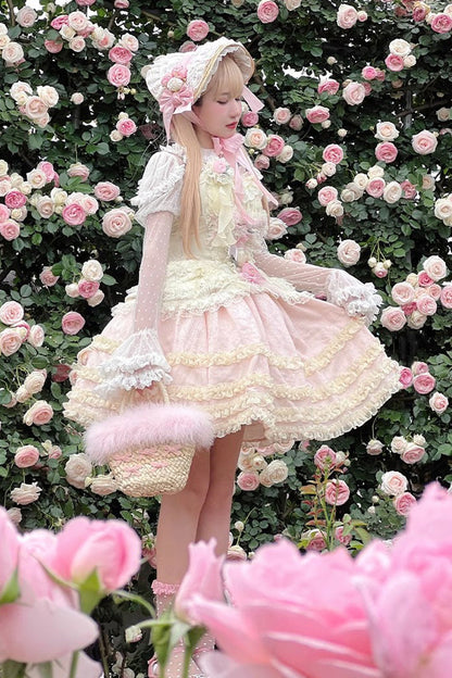 Gothic Lolita Dress - Pink/yellow Dream, 2 Colors, Bow Detail, Lace Trim, Sweet Style - additional product view 3