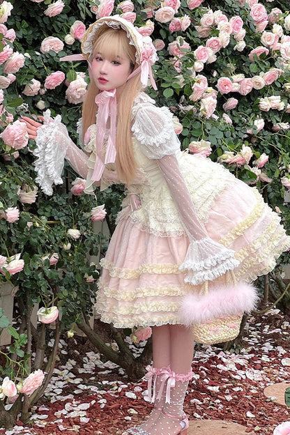 Gothic Lolita Dress - Pink/yellow Dream, 2 Colors, Bow Detail, Lace Trim, Sweet Style - additional product view 4
