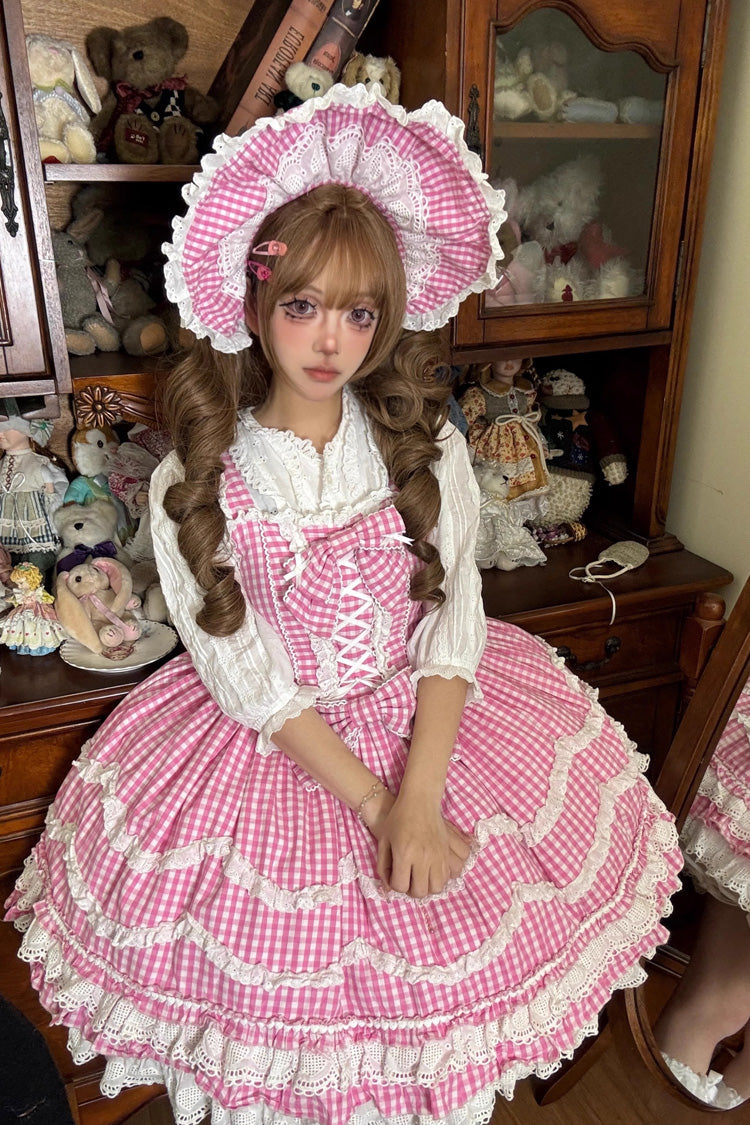 Gothic Lolita Dress - Plaid Print, Pink, Plaid, Bow Detail, Lace Trim - additional product view 2