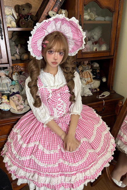 Gothic Lolita Dress - Plaid Print, Pink, Plaid, Bow Detail, Lace Trim - additional product view 2