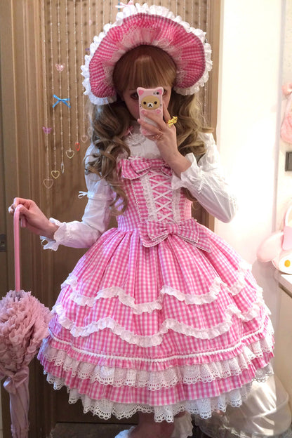 Gothic Lolita Dress - Plaid Print, Pink, Plaid, Bow Detail, Lace Trim - additional product view 4